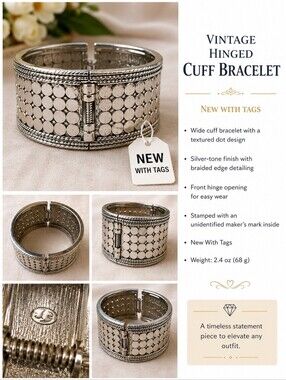 Silver-Tone Hinged Cuff Bracelet with Textured Dot Design